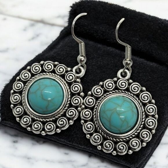 Western Turquoise Bead Silver Filagree Dangle Earrings Bohemian Tribal Jewelry - Picture 2 of 4